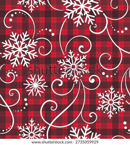 Seamless Pattern of Snowflakes with Swirls on Red Plaid Background-Christmas Vector Illustration