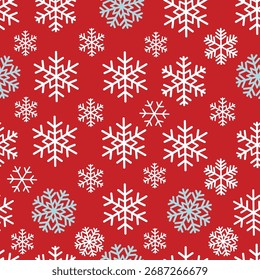 Patrón sin fisuras con copos de nieve, copos de nieve simétricos de diferentes Formas y tamaños, copos de nieve blancos y azul claro sobre un fondo rojo.