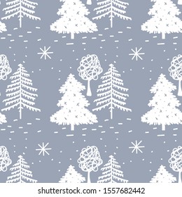 Seamless pattern of snowflakes and trees on a gray background. Hand drawn. Winter forest. The collection of pictures in the same style.
