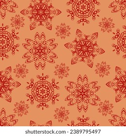 Patrón sin foco con copos de nieve en color de moda del año 2024 Apricot Crush. Año nuevo y diseño navideño.