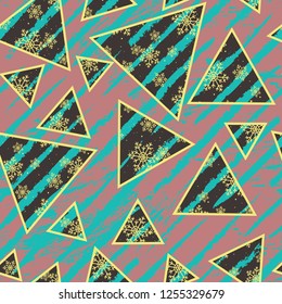 Seamless pattern of snowflakes in triangles. Art Christmas ornament. Grunge stripes on background.