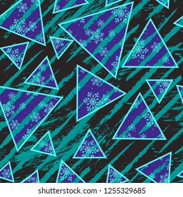 Seamless pattern of snowflakes in triangles. Art Christmas ornament. Grunge stripes on background.