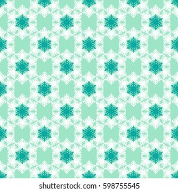 Seamless pattern with snowflakes white green blue. Vector Illustration