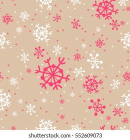 Seamless pattern of snowflakes. White and magenta snowflakes hand-drawn on gold background. Snowfall.