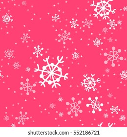 Seamless pattern of snowflakes. White and pink snowflakes hand-drawn on magenta background. Snowfall.