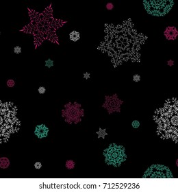 Seamless pattern, snowflakes (white, pink and turquoise). Vector illustration.