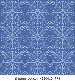 Seamless pattern with snowflakes. White symmetrical flakes on a dark blue winter background. Christmas template for fabrics, textiles, wallpaper design, interiors, wrapping paper. Vector illustration.