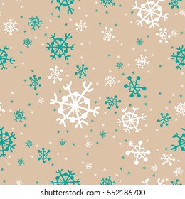 Seamless pattern of snowflakes. White and turquoise snowflakes hand-drawn on gold background. Snowfall.