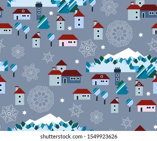 Seamless pattern with snowflakes and winter houses pattern and ornamental decorative background. Vector pattern. Print for textile, cloth, wallpaper, scrapbooking