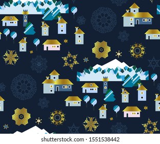 Seamless pattern with snowflakes and winter houses pattern and ornamental decorative background. Vector pattern. Print for textile, cloth, wallpaper, scrapbooking