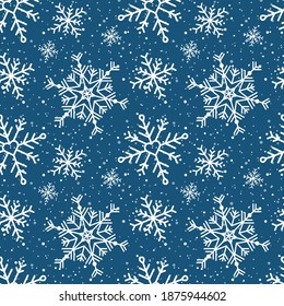Seamless pattern with snowflakes. Winter inspiration. Christmas season. For greeting card, banner, web, scrapbooking. White and dark blue background. Vector illustration, flat design