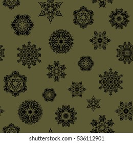 Seamless pattern with snowflakes. Winter weather. Abstract snowstorm with snowflakes. Winter background. Windstorm. Blow snow texture pattern on green background. Winter mood background.