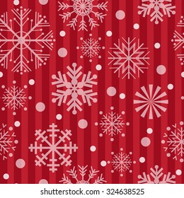 Seamless pattern with snowflakeswith red stripes background