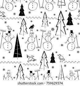 Seamless pattern with snowman, birds and trees on white background. Vector illustration