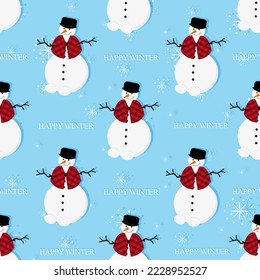 Seamless pattern a snowman in a bowler hat and plaid cape, hands made of branches on blue background with falling snowflakes and inscription hello happy winter. Flat picture with English snowman. 