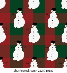 Seamless pattern with snowman in a bowler hat hands made of branches on red and green checkered retro plaid background Flat picture with English snowman. 
