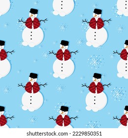 Seamless pattern a snowman in a bowler hat and plaid cape, hands made of branches on blue background with falling snowflakes and inscription happy winter. Flat picture with English snowman. 