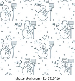 Seamless pattern with snowman, broom, hat, wind, snow. Funny pattern on a winter theme.