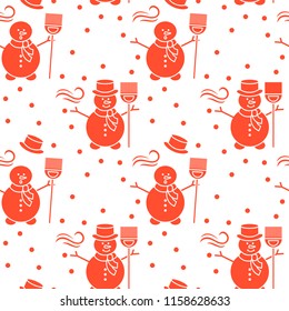Seamless pattern with snowman, broom, hat, wind, snow. Funny pattern on a winter theme.