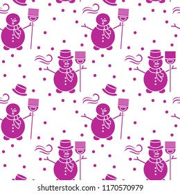 Seamless pattern with snowman, broom, hat, wind, snow. Funny pattern on a winter theme.