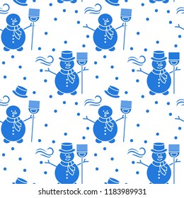 Seamless pattern with snowman, broom, hat, wind, snow. Funny pattern on a winter theme.