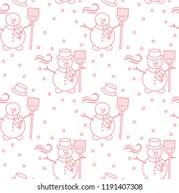 Seamless pattern with snowman, broom, hat, wind, snow. Funny pattern on a winter theme.