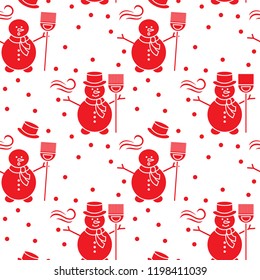 Seamless pattern with snowman, broom, hat, wind, snow. Funny pattern on a winter theme.