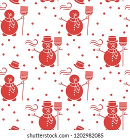 Seamless pattern with snowman, broom, hat, wind, snow. Funny pattern on a winter theme.