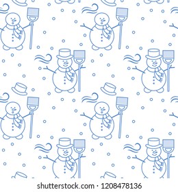 Seamless pattern with snowman, broom, hat, wind, snow. Funny pattern on a winter theme.