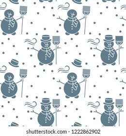 Seamless pattern with snowman, broom, hat, wind, snow. Funny pattern on a winter theme.