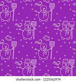 Seamless pattern with snowman, broom, hat, wind, snow. Funny pattern on a winter theme.