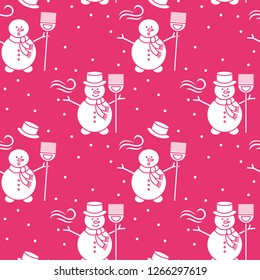 Seamless pattern with snowman, broom, hat, wind, snow. Funny pattern on a winter theme.