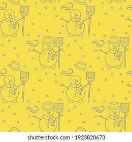 Seamless pattern with snowman, broom, hat, wind, snow. Funny pattern on a winter theme. Illuminating and Ultimate Gray.