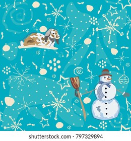 Seamless pattern with snowman and bunny on blue background with winter doodles. Vector Illustration