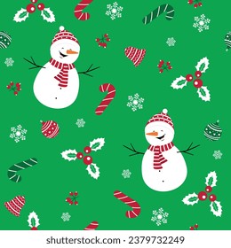 Seamless pattern with snowman, candy, holly berry and snowflakes. Vector flat design for wrapper, fabric, wallpaper.