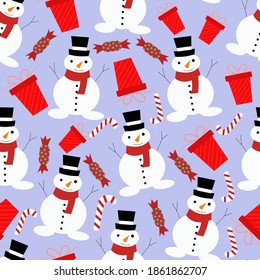 Seamless pattern with snowman ,candy isolated on pastel  blue. Vector illustration for card, poster, textile, fabric, wrapping