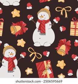 Seamless pattern with snowman, Christmas bell and gift. Vector holiday texture in flat style. Suitable for wallpaper, wrapping paper, fabric, etc.