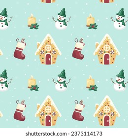 Seamless pattern with snowman and Christmas elements on a blue background. Vector. Vector illustration
