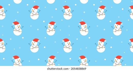 Seamless pattern with snowman. Snowman with christmas light. New Year's pattern for packaging, print, cloth, gift paper. 
