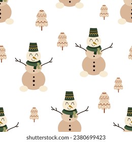 Nahtloses Muster mit Schneemann und Weihnachtsbaum. Weihnachtsmuster. Digitales Winterpapier