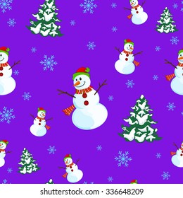 Seamless pattern with snowman, christmas tree and snowflakes on lilac