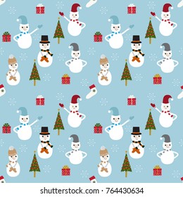 seamless pattern with  snowman, Christmas trees, gift box,sock   background vector