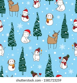 Seamless pattern with snowman and deer for desing