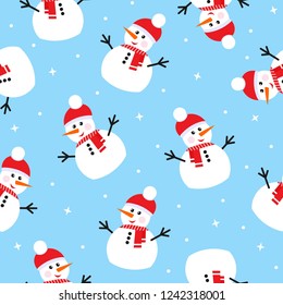 Seamless pattern with snowman. Design for wrapping, fabric, print. Vector illustration.