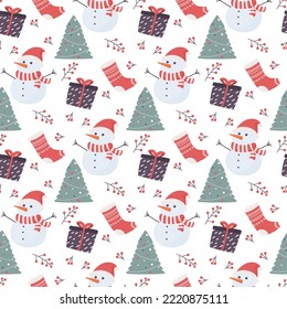 seamless pattern with snowman, gift box, socks and berries