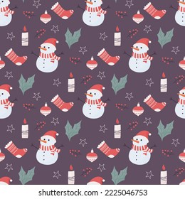 seamless pattern with snowman, gift box, socks and berries