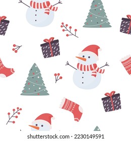 seamless pattern with snowman, gift box, socks and berries