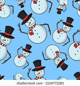 Seamless pattern. Snowman in a hat and scarf. Hand drawn vector flat graphic illustration. Isolated object on a blue background. Texture.