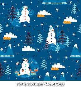 seamless pattern with snowman in new year forest. Vector, illustration.
