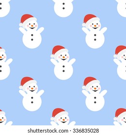 Seamless pattern snowman  on a beautiful blue background
